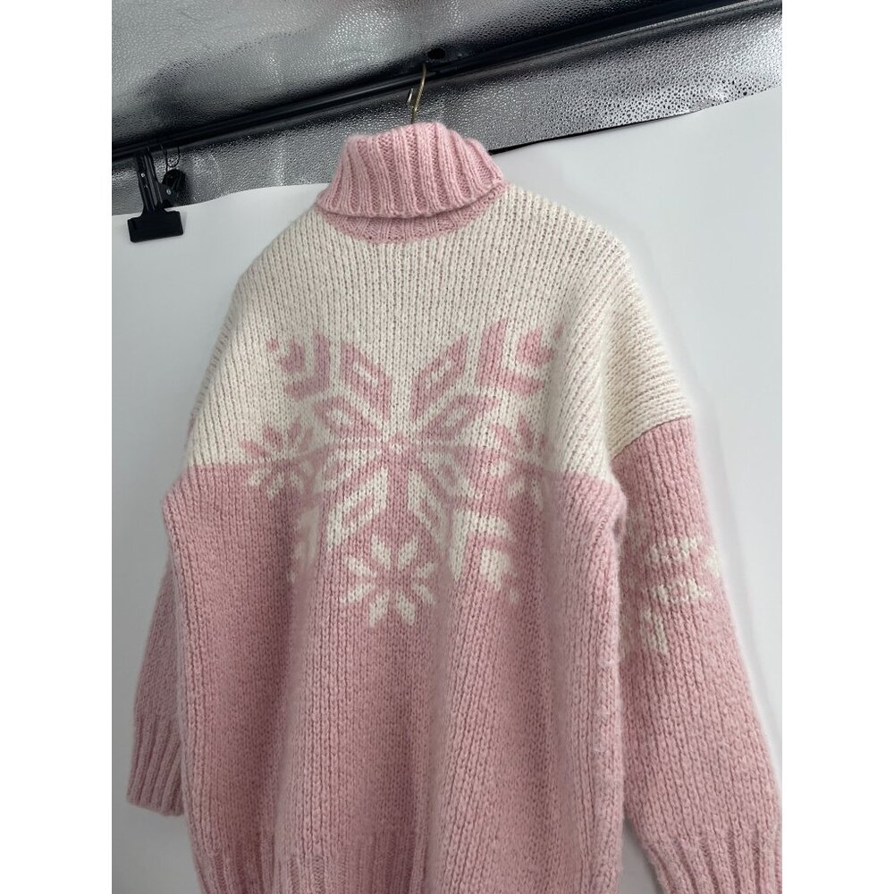 J. Crew Womens Small Snowflake Turtleneck Sweater Pink White Wool Alpaca Cozy - Picture 3 of 8
